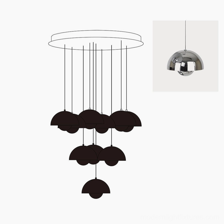 Contemporary dome pendant chandelier in neutral matte black finish with geometric suspension design