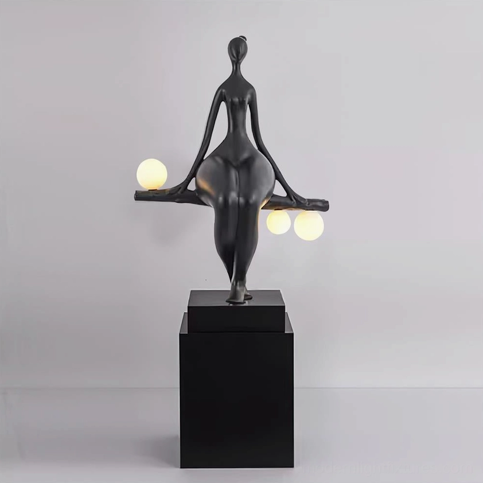 Matte black human sculpture floor lamp with square base, artistic modern minimalist floor lighting