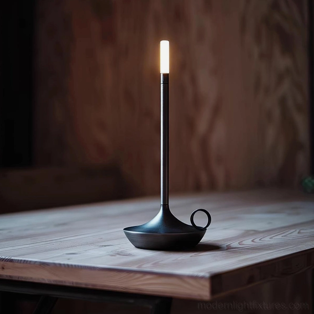 Matte black LED candle table lamp with metal construction ideal for contemporary bedroom interior design