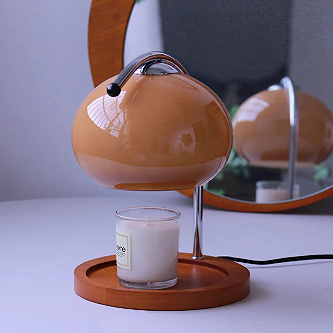 Mauri halogen candle warmer lamp in warm brown finish with glass candle on base tray, mid-century modern design