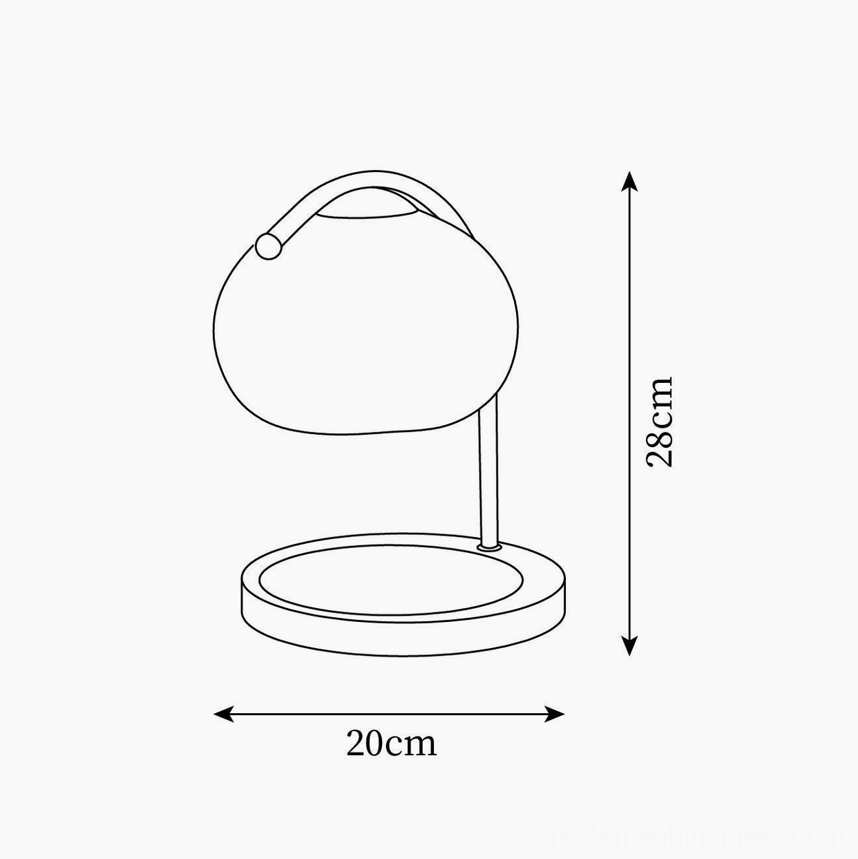 Technical dimension schematic of Mauri candle warmer lamp showing 28cm height and 20cm diameter measurements