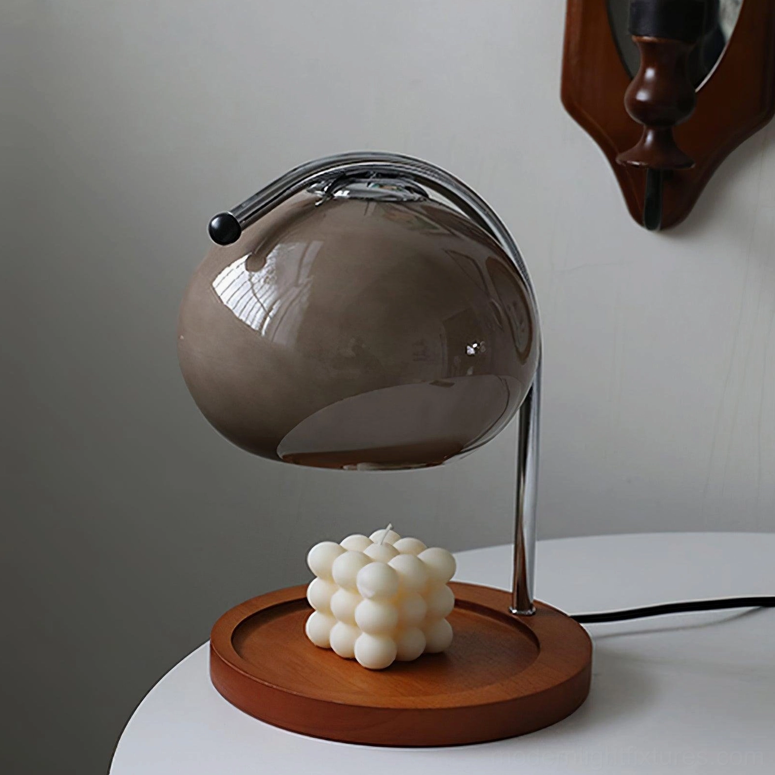 Mauri candle warmer lamp in smoke gray glossy shade with bubble candle decor on wooden base, contemporary style