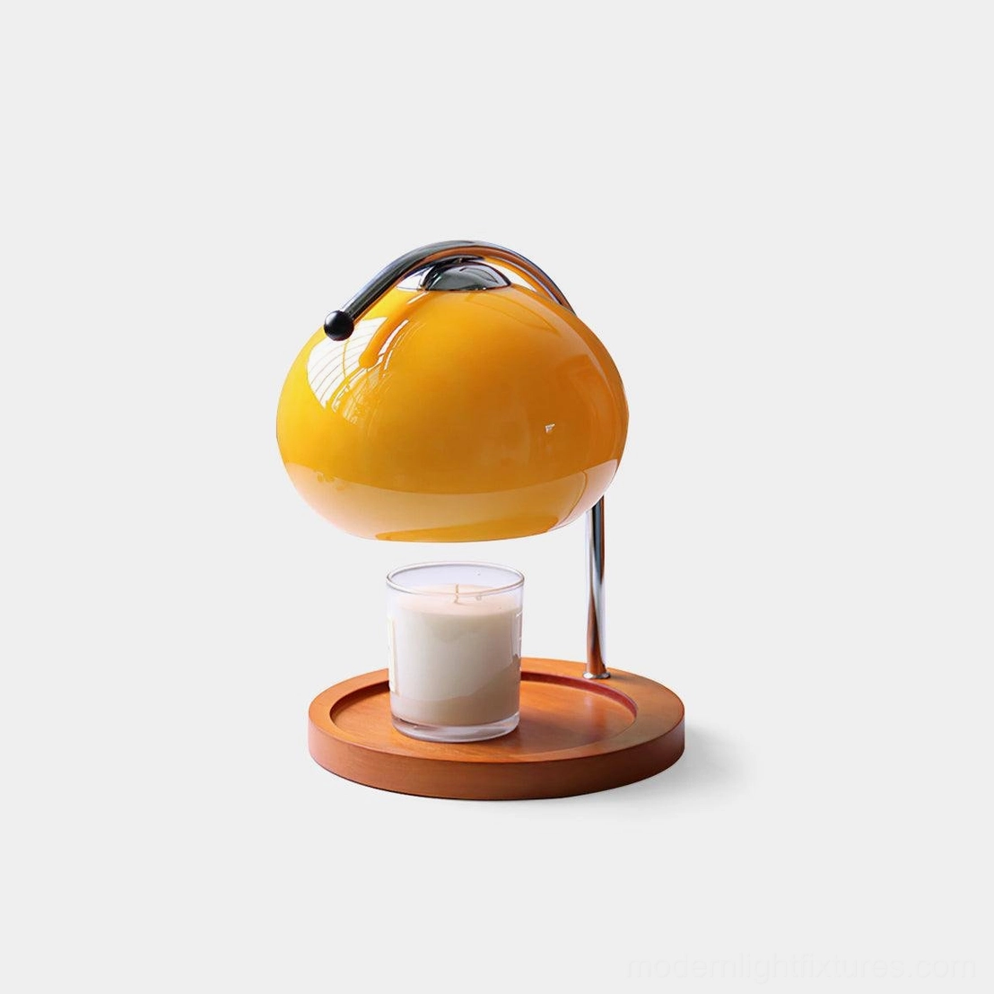 Mauri halogen candle warmer lamp with yellow shade and wooden base on white background, front view
