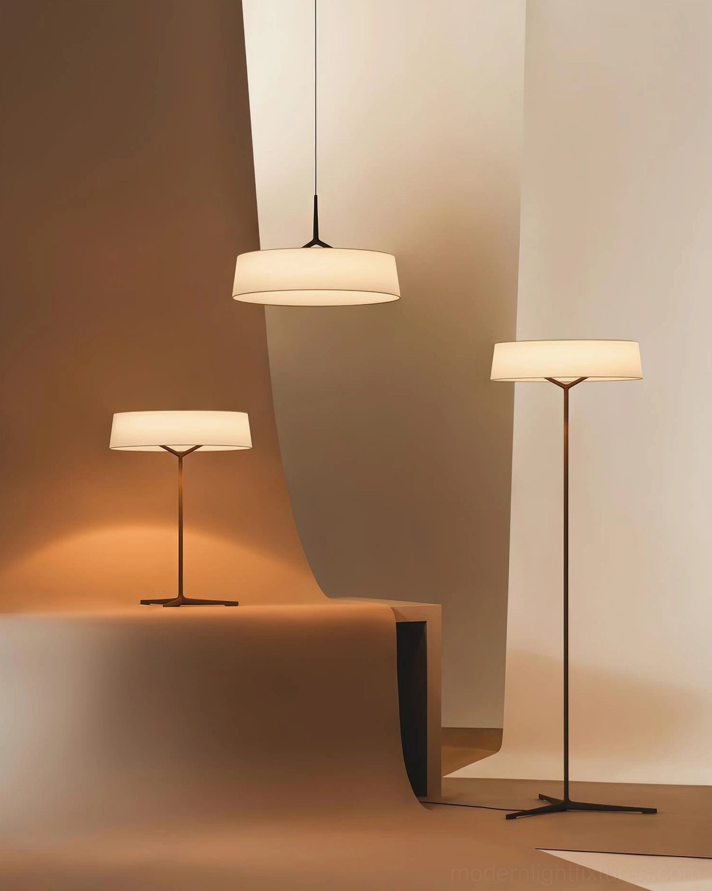 Minimalist lighting collection featuring Maxim pendant lamp with table and floor lamps in cream and black