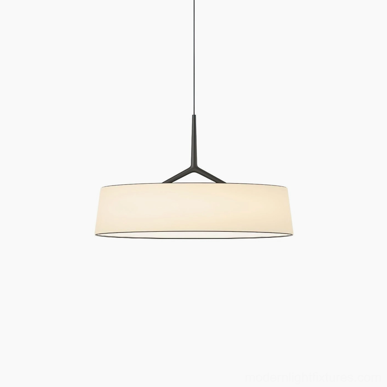 Maxim modern pendant light with off-white fabric shade and black suspension frame, studio view
