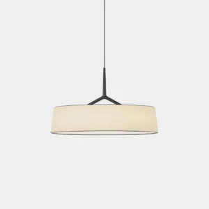 Maxim modern pendant light with white fabric drum shade and black metal frame, front studio view