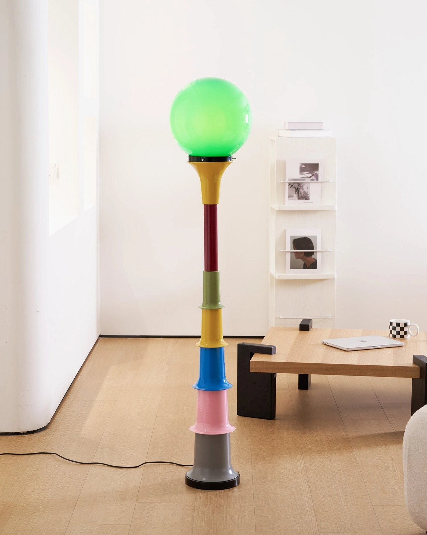 Grande floor lamp with vibrant globe shade in modern maximalist interior design
