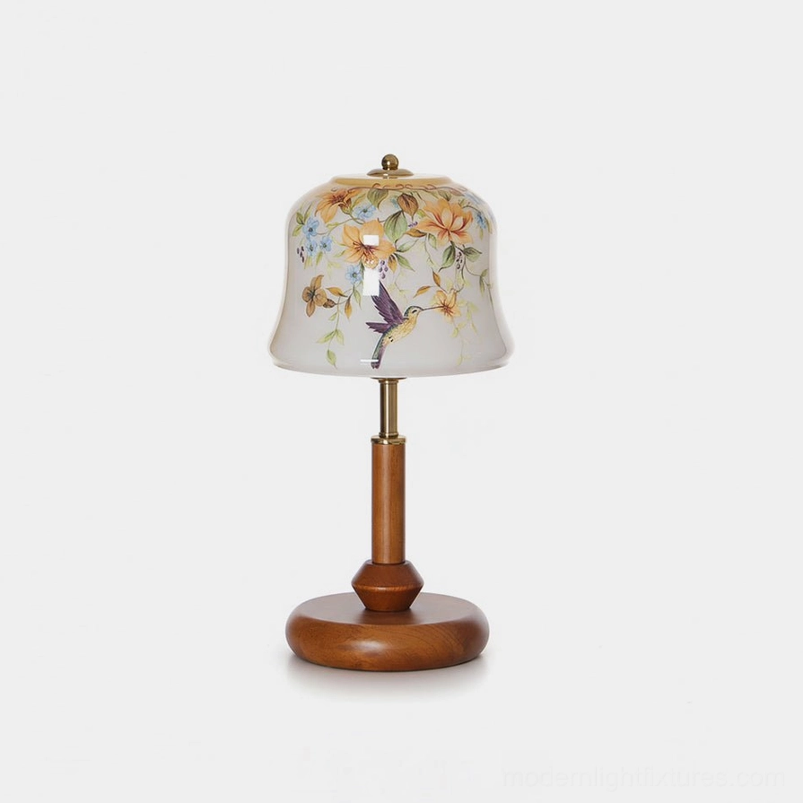 Meadow hand-painted floral hummingbird table lamp with walnut wood base and brass accents, front view on white background