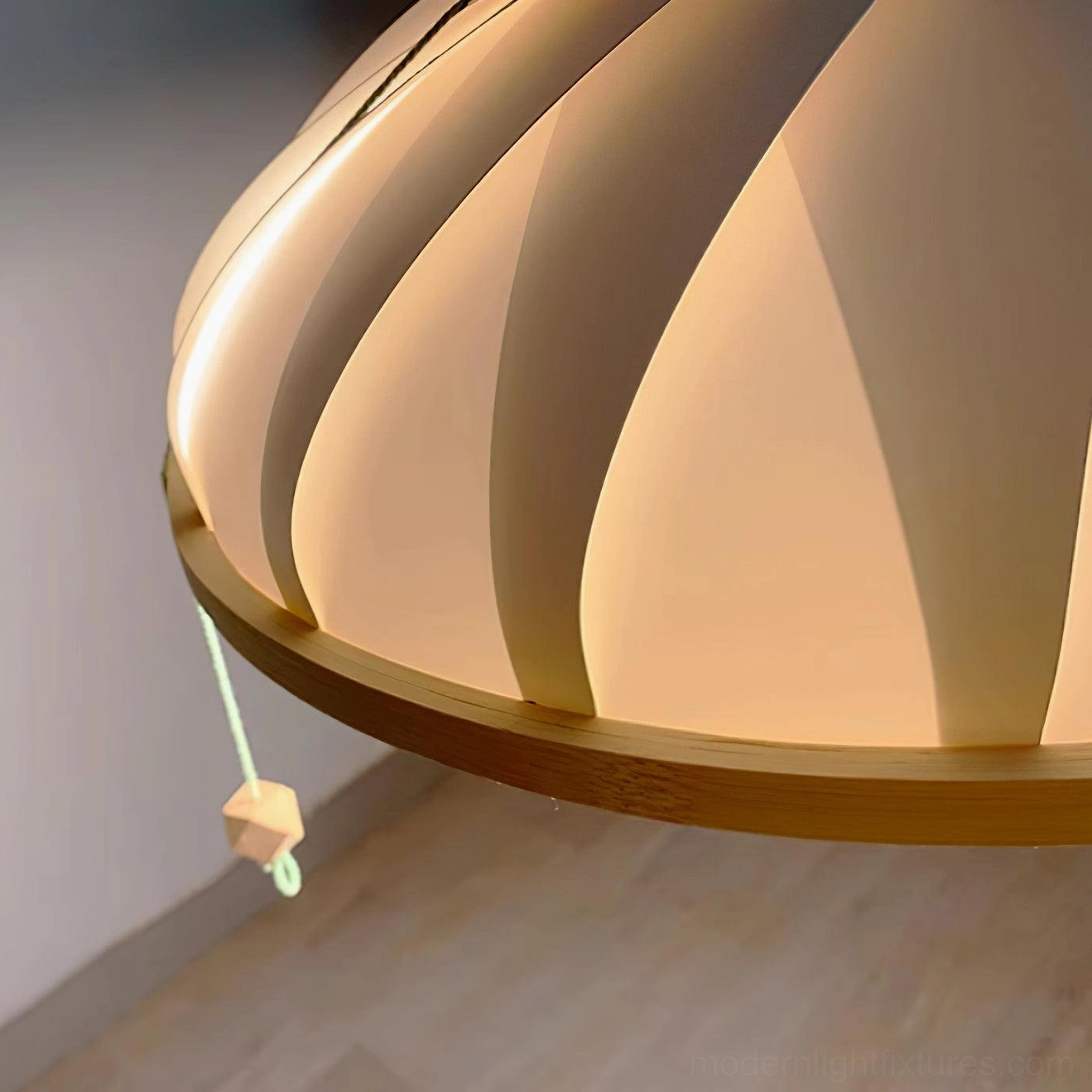 Meblo wave pendant light contemporary hanging lamp with ribbed shade design and wooden accent trim detail