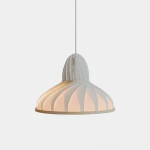 Meblo wave pendant light with ribbed off-white fabric shade and wooden base trim, front three-quarter view on plain studio background