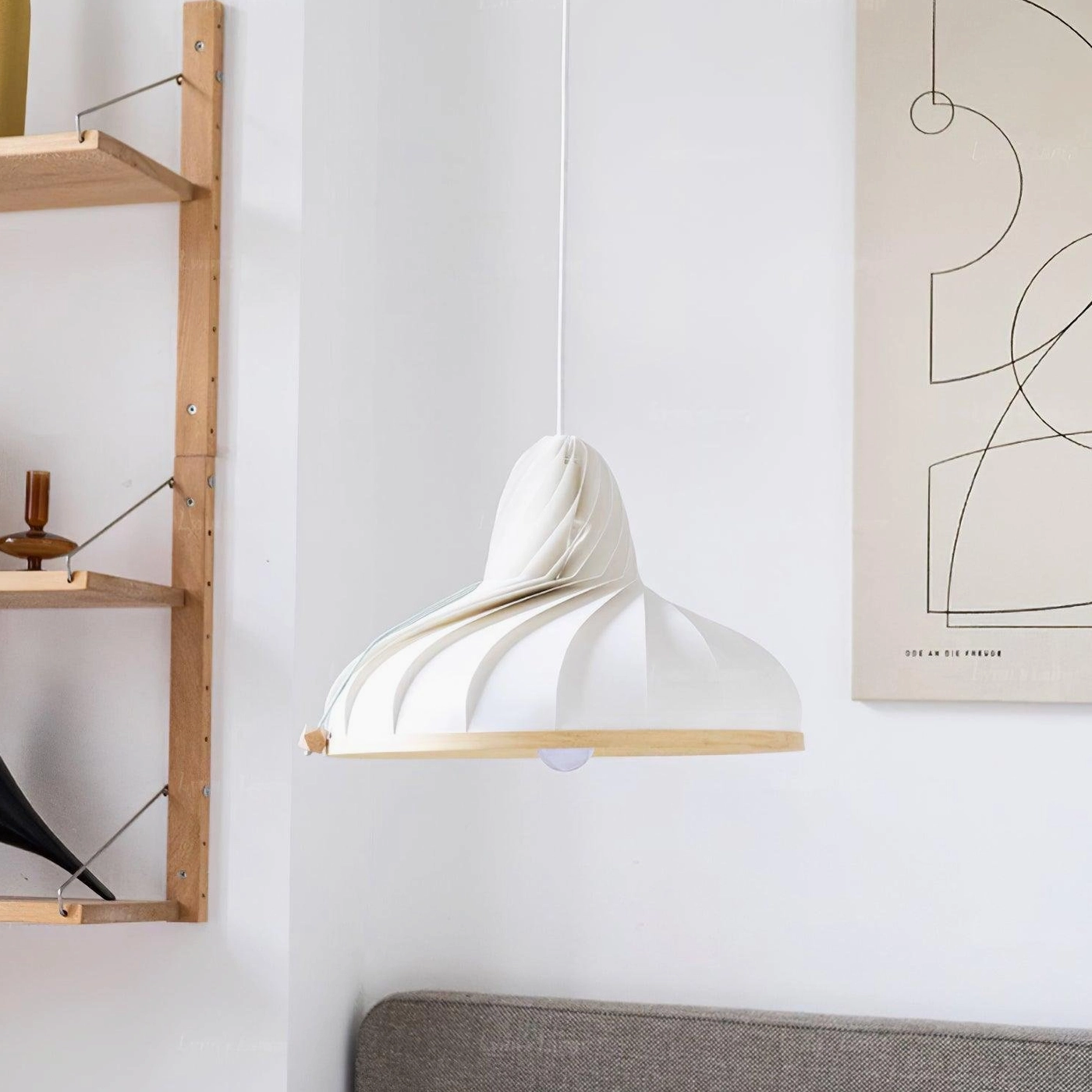 Meblo wave pendant light fabric shade with wooden base component showing premium material construction and finish