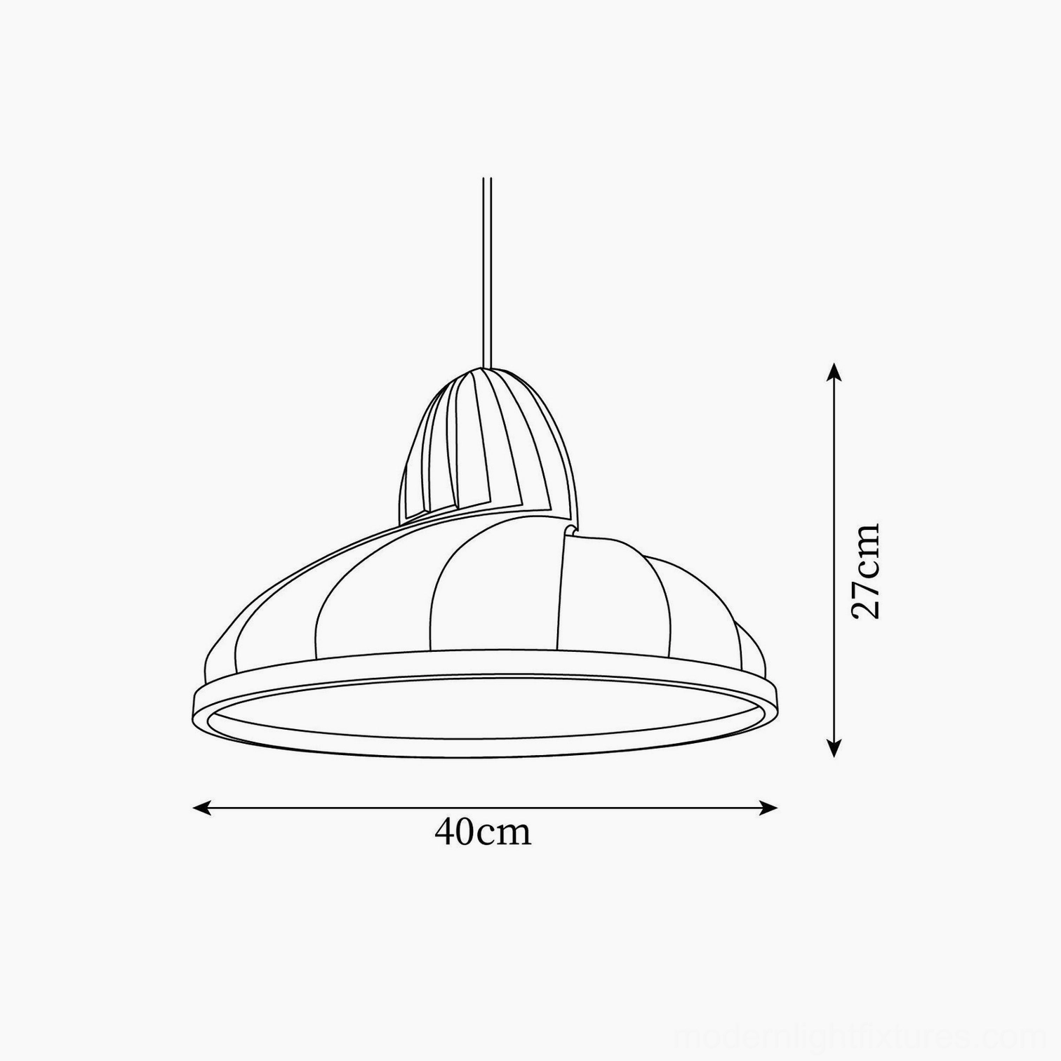 Technical line drawing of Meblo wave pendant light showing orthographic front view with dimensions 40cm width and 27cm height