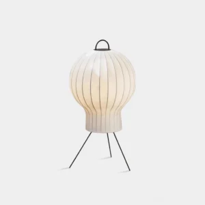 Medieval silk floor lamp with ribbed shade and black metal tripod stand, front studio view