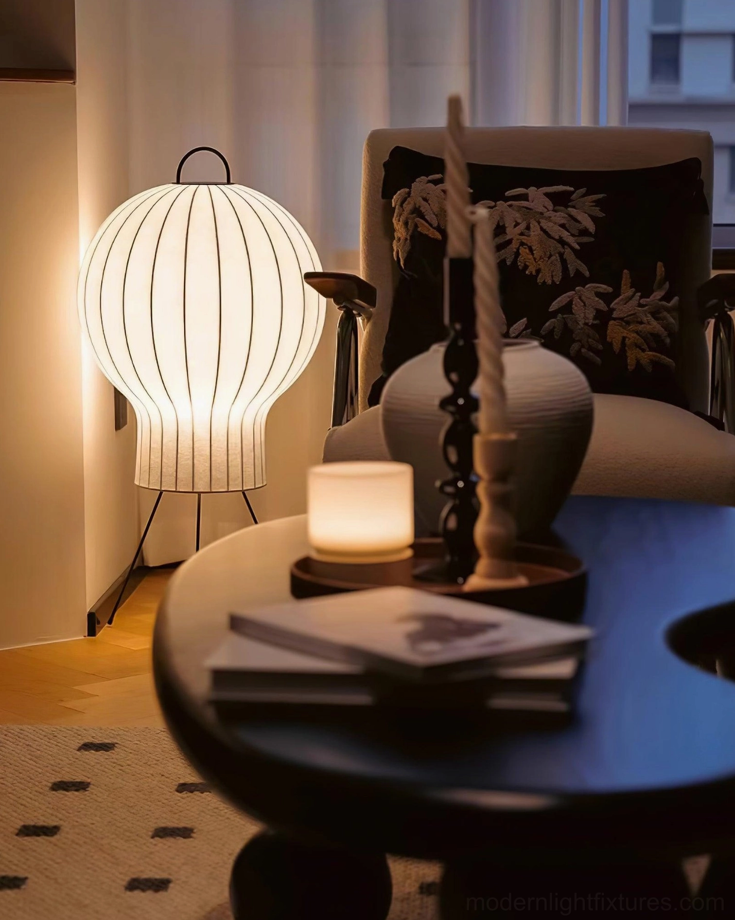 Medieval silk lantern floor lamp paired with contemporary furniture and decor
