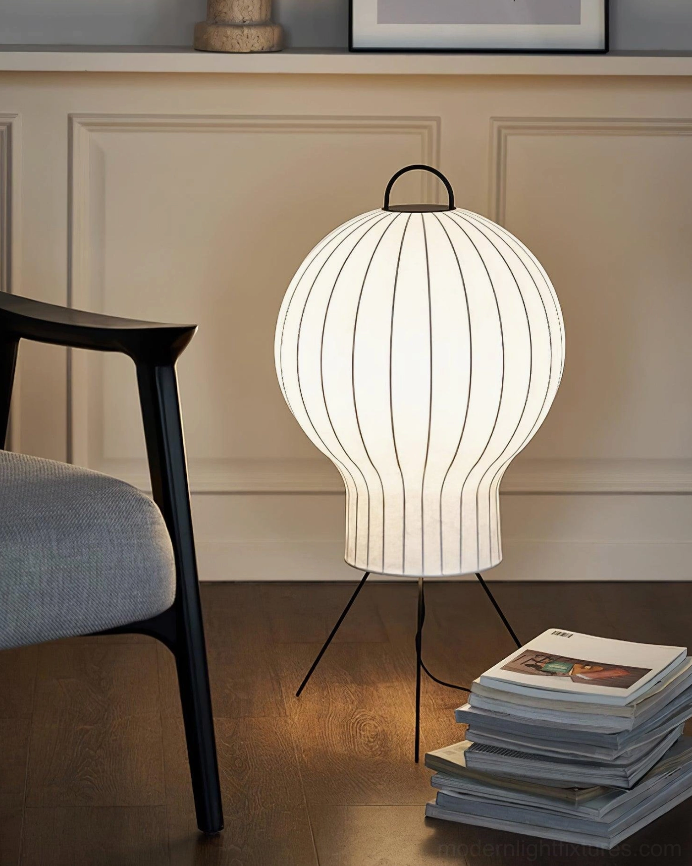 Medieval silk lantern floor lamp profile view showing proportions and design elegance