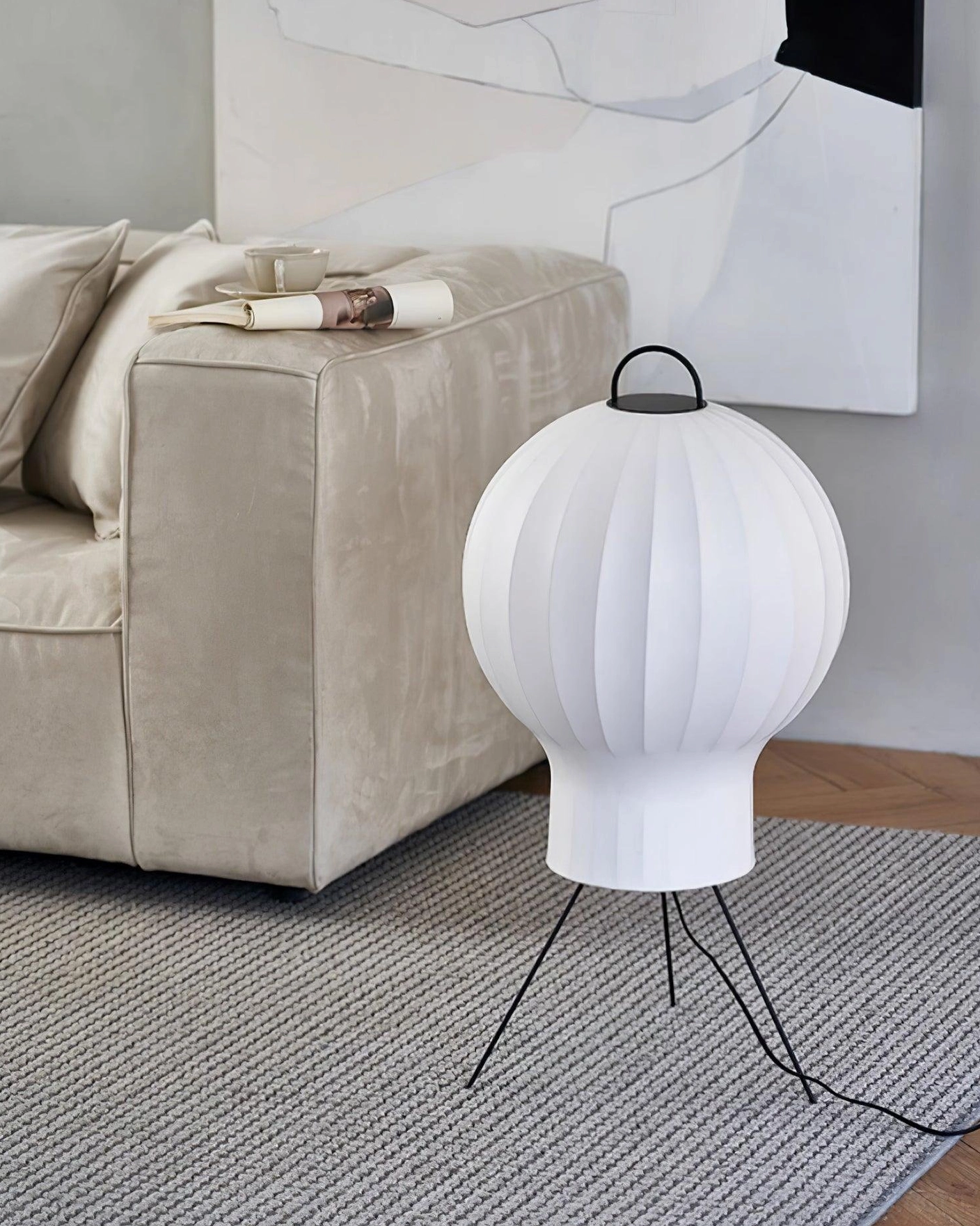 Medieval silk lantern floor lamp with lit warm ambient light in wooden interior