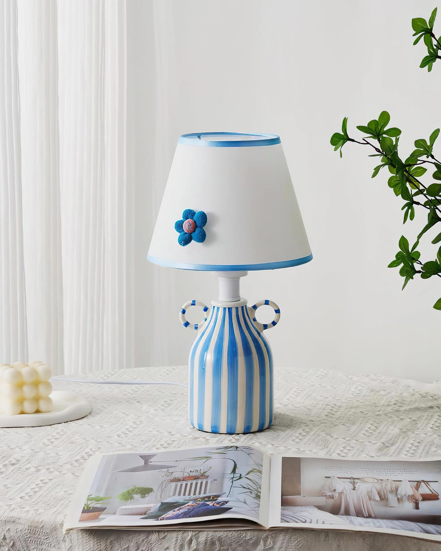 Mediterranean blue and white ceramic table lamp - full product view with architectural styling