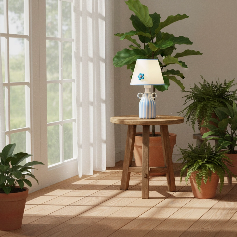 Hand-painted blue and white ceramic table lamp with felt flower shade in sunlit living room with plants