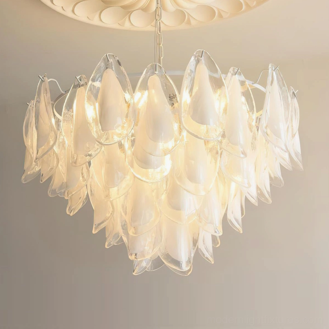 Medium botanical chandelier in white and clear glass displaying balanced petal distribution