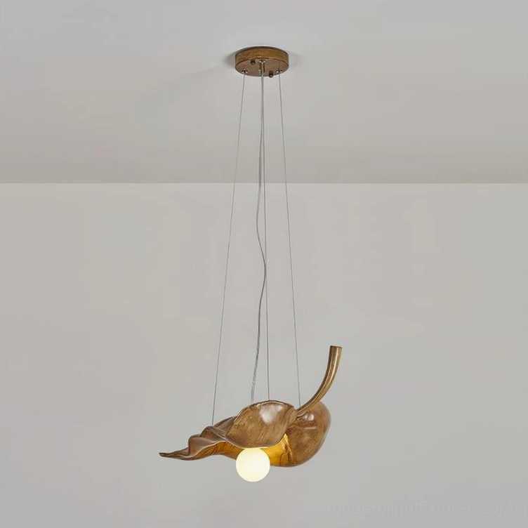 Medium size brown maple leaf pendant light, warm ambient lighting fixture for modern interiors