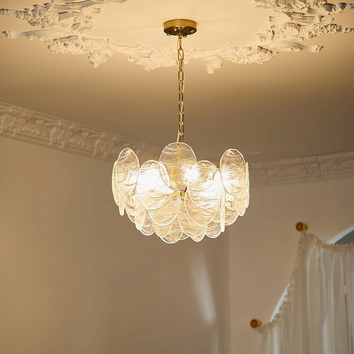 Medium 50cm disc Victorian glass chandelier in master bedroom creating ambient atmosphere