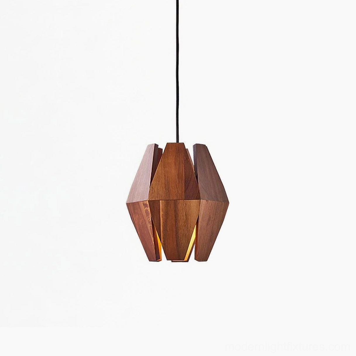 Geometric wood pendant lamp in medium size with gold and walnut color finish variation