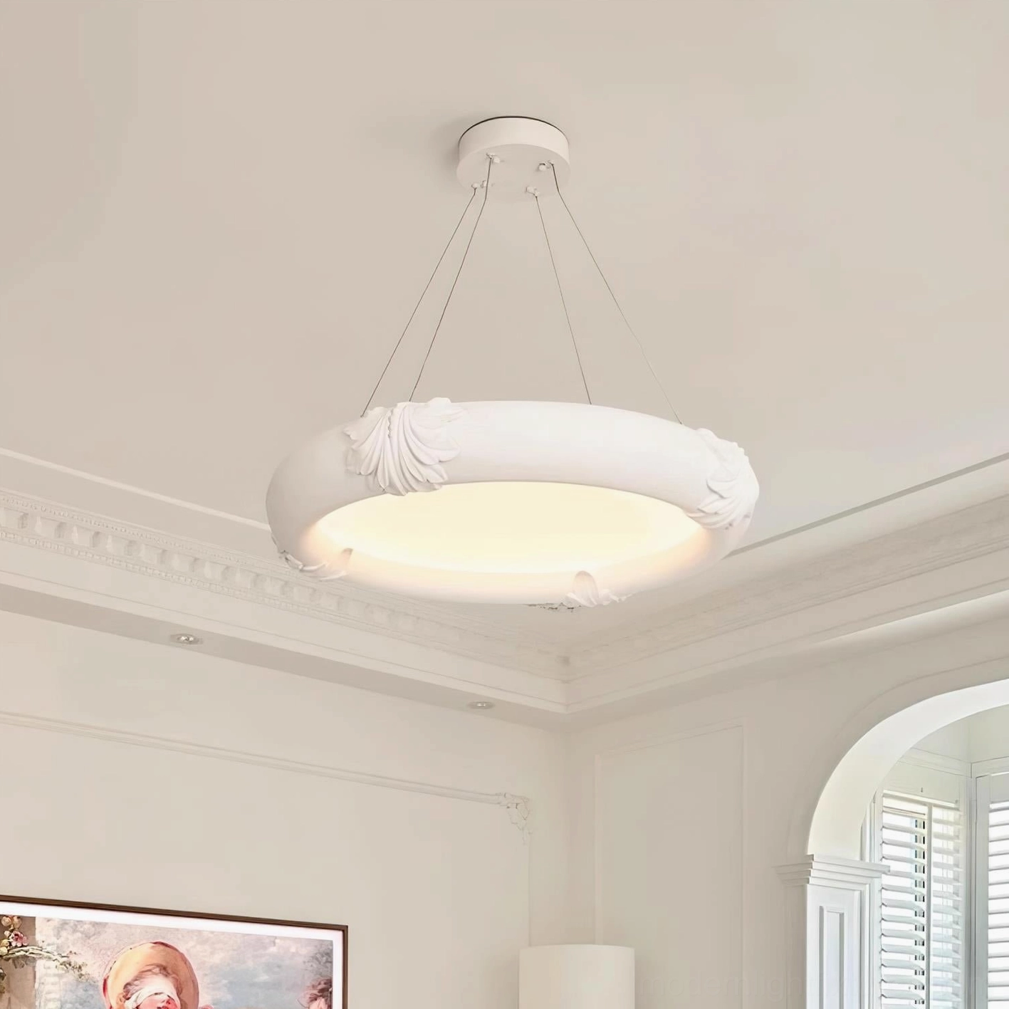 Medium size white plaster shell embossed pendant in residential living room ambient lighting
