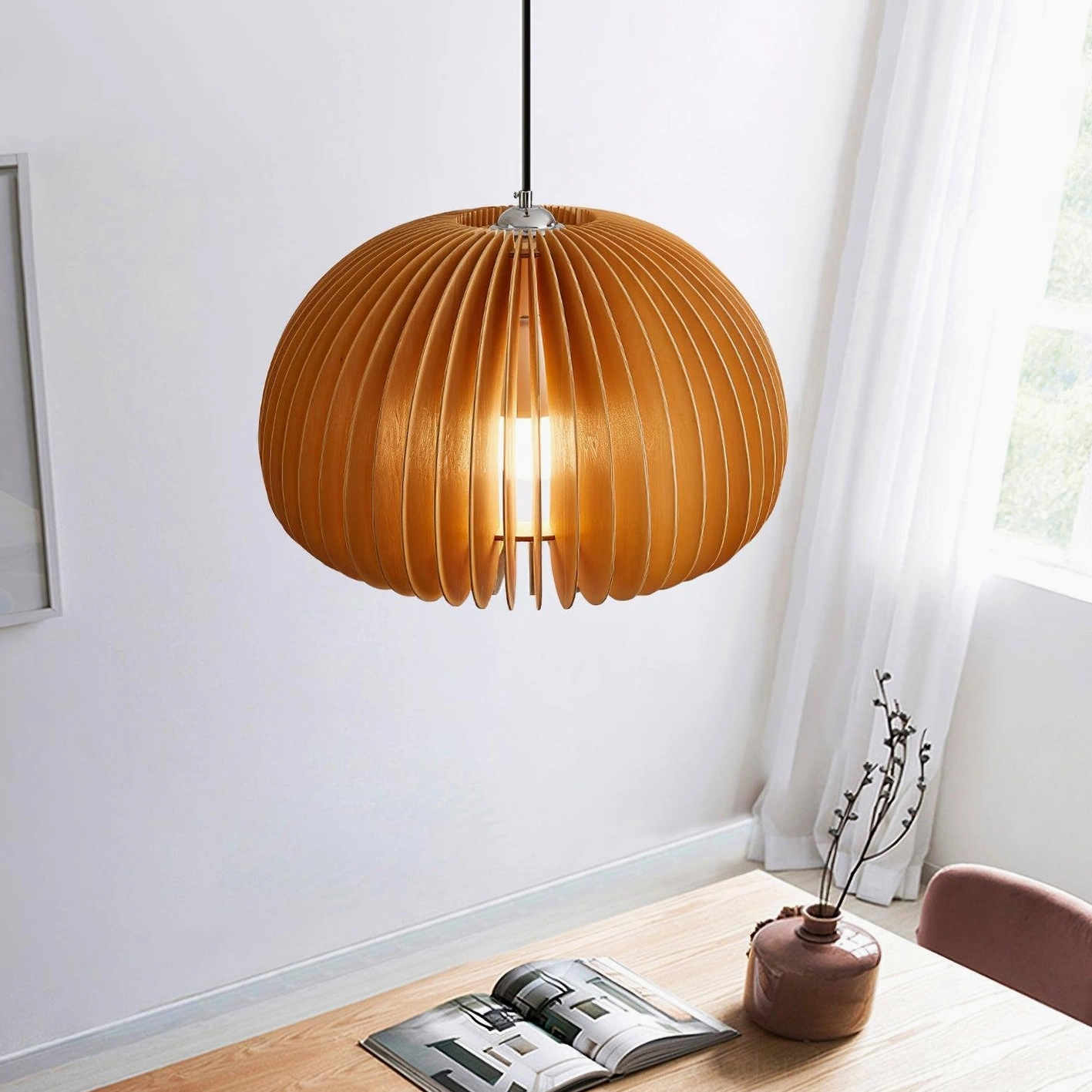 Medium wood pumpkin pendant lamp suitable for kitchen island and dining table applications