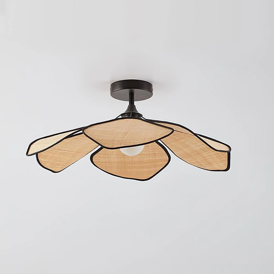Medium 60cm raffia petal ceiling light fixture creating soft diffused illumination in residential interior with natural design elements