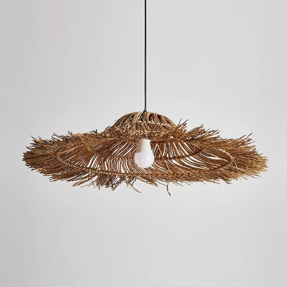Medium 70cm diameter natural rattan handwoven pendant light, complete product showcase with warm neutral background