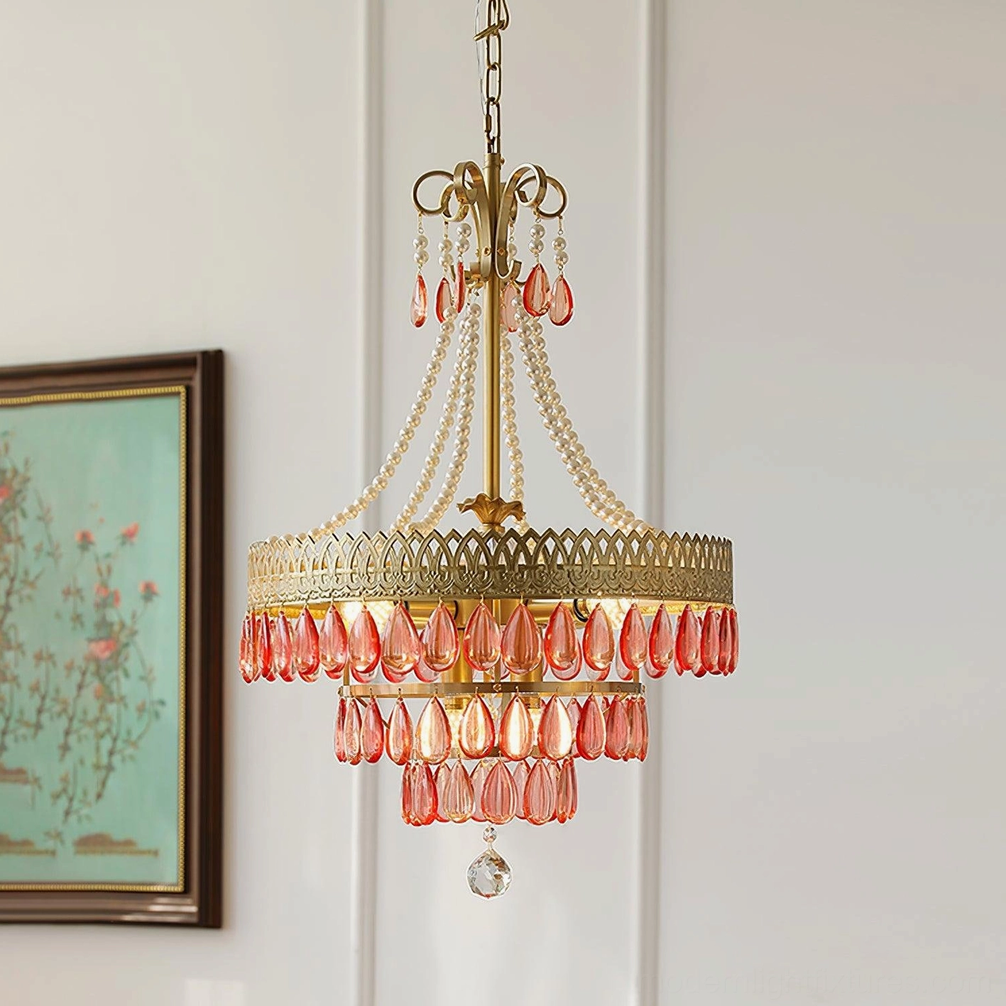 Red ruby crystal chandelier medium size 45cm diameter standard dining room living space