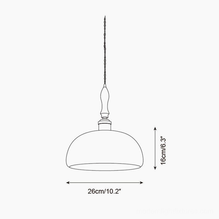 Dimension drawing of medium textured resin pendant light, 26cm diameter by 16cm height specification