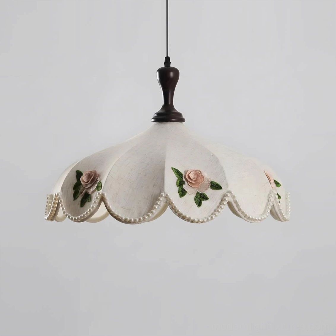 Medium size romantic scalloped floral pendant light with cream fabric shade perfect for standard dining areas