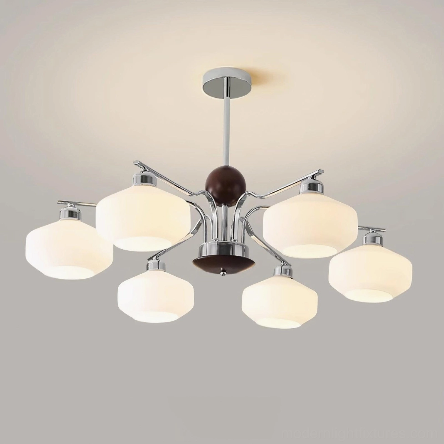 Medium 6-head sputnik chandelier with milky white glass shades and polished chrome frame