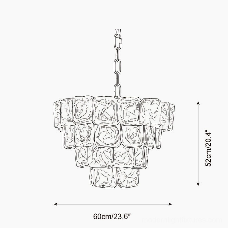 Technical specifications diagram of medium tiered glass chandelier, 60cm width by 52cm height, three-tier glass panel schematic