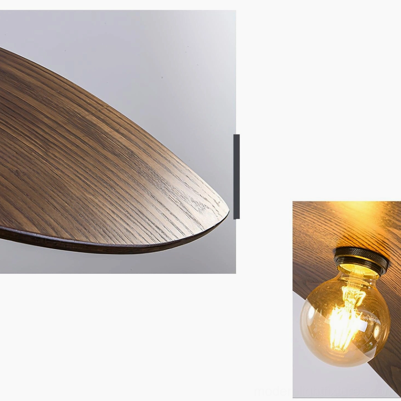 Medium-size walnut wood leaf pendant lamp suspended over dining table in contemporary home setting