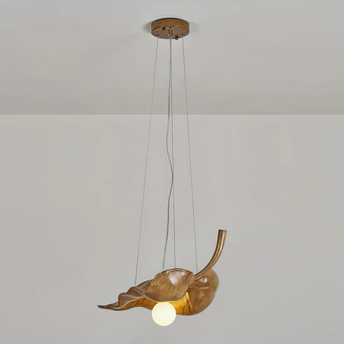 Medium size walnut finish maple leaf pendant lamp, sculptural resin lighting for dining areas