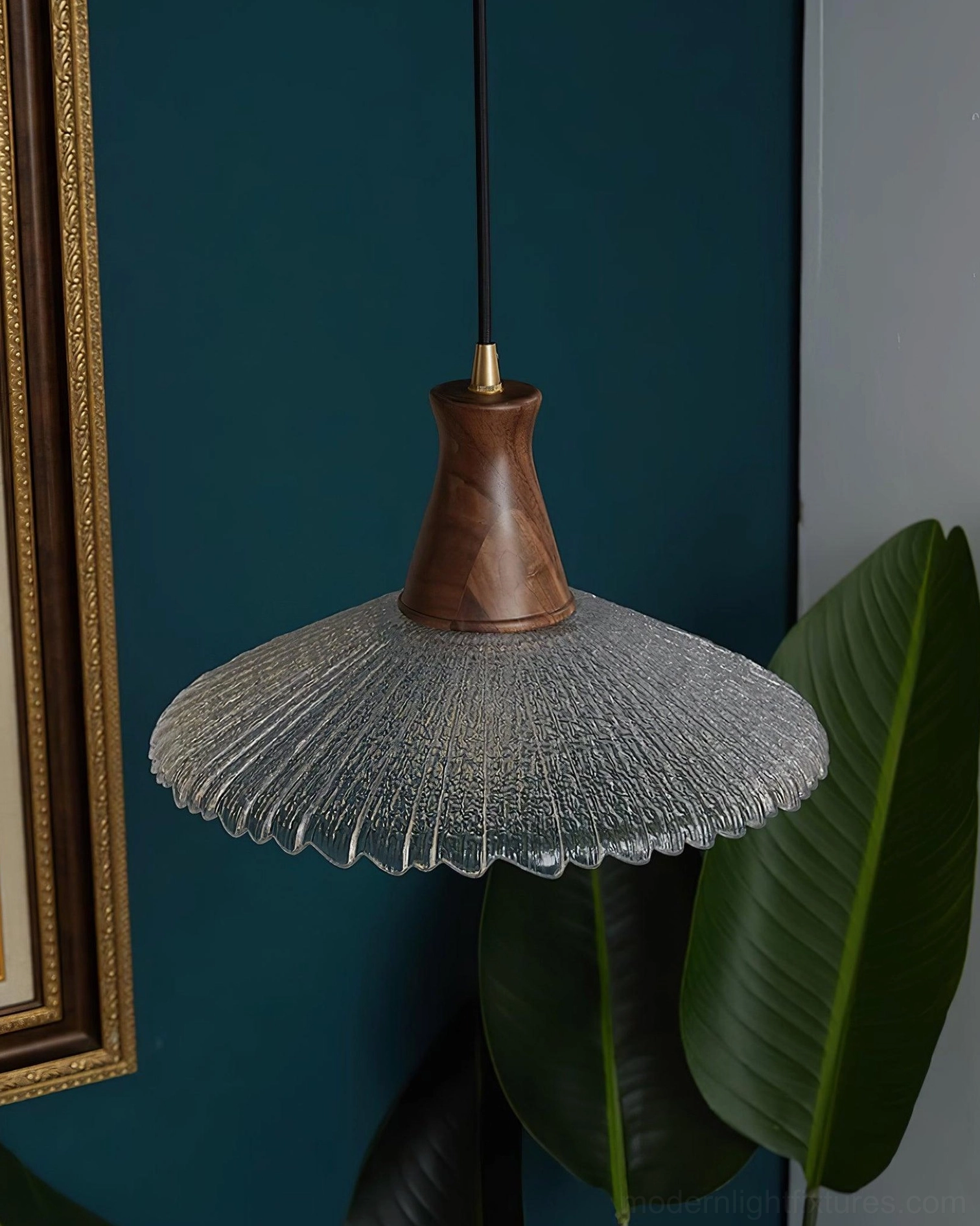 Medium walnut pendant light with textured glass shade in contemporary home interior styled setting