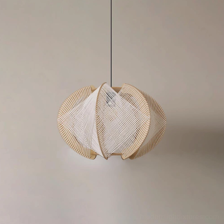 Medium 40cm woven wood pendant light in bedroom lighting application