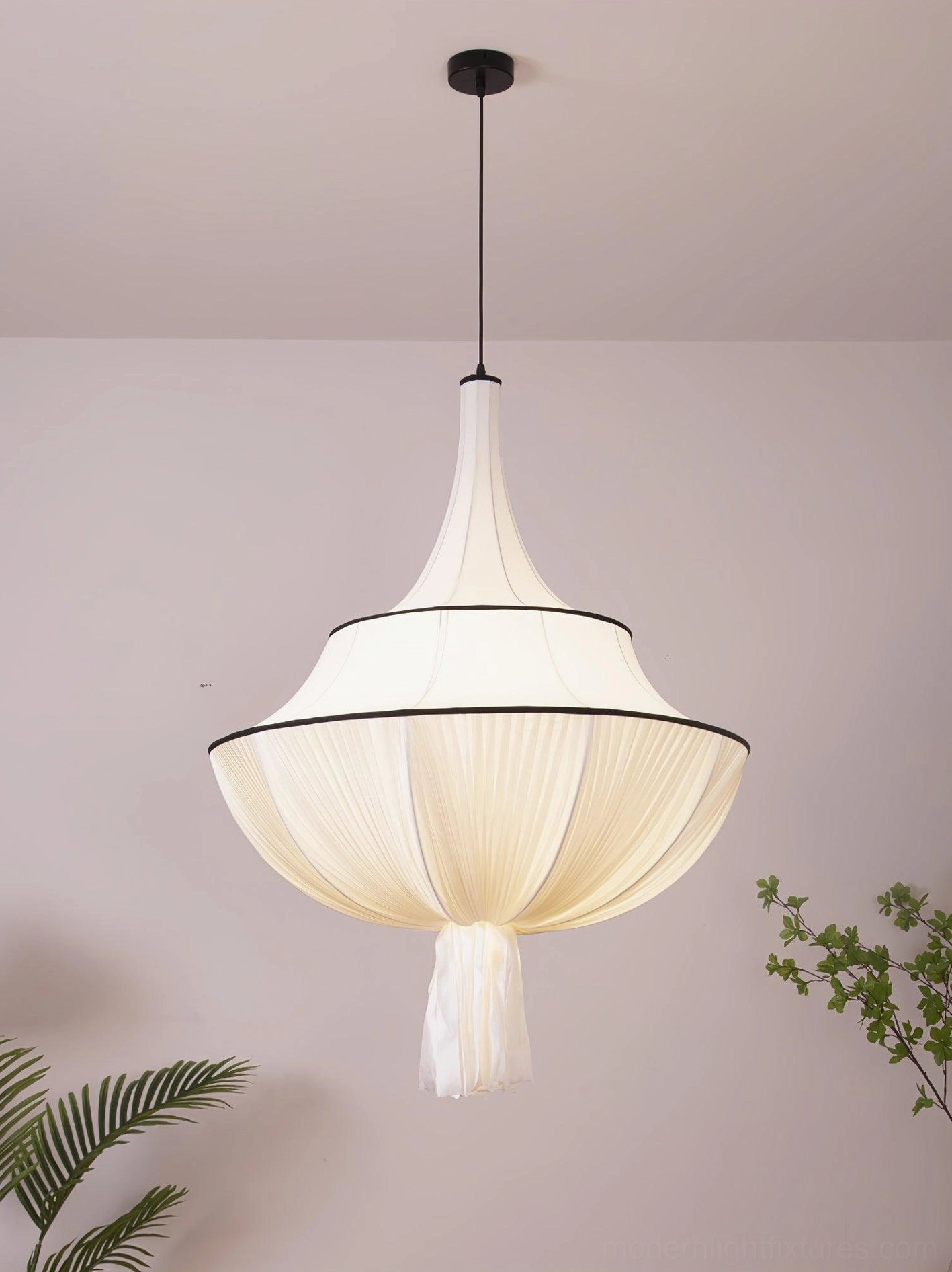 Modern pleated fabric pendant lamp with tassel, artistic contemporary lighting for home interiors