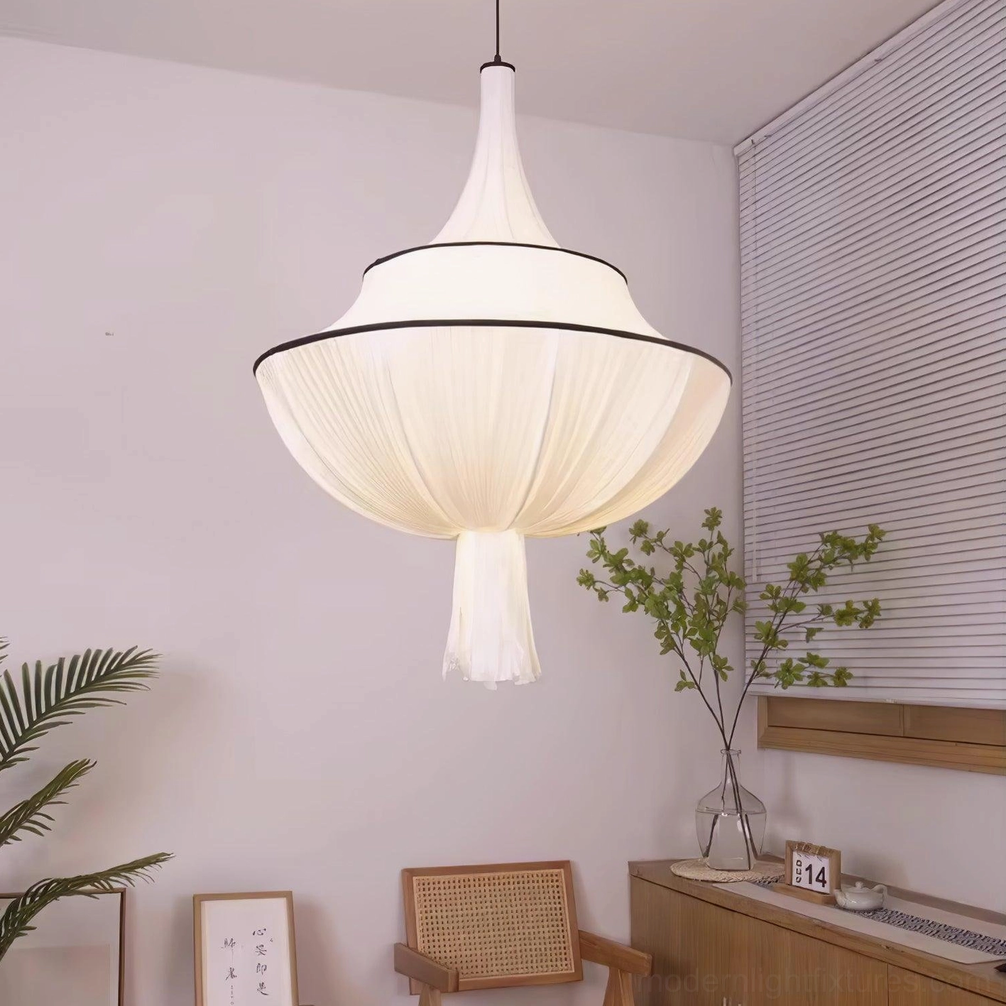 Meduse modern fabric pendant lamp with tassel, softly diffused ambient light fixture