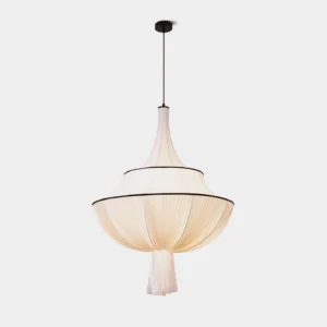 Meduse pleated fabric pendant light, off-white tiered shade with black trim and tassel detail, front studio view