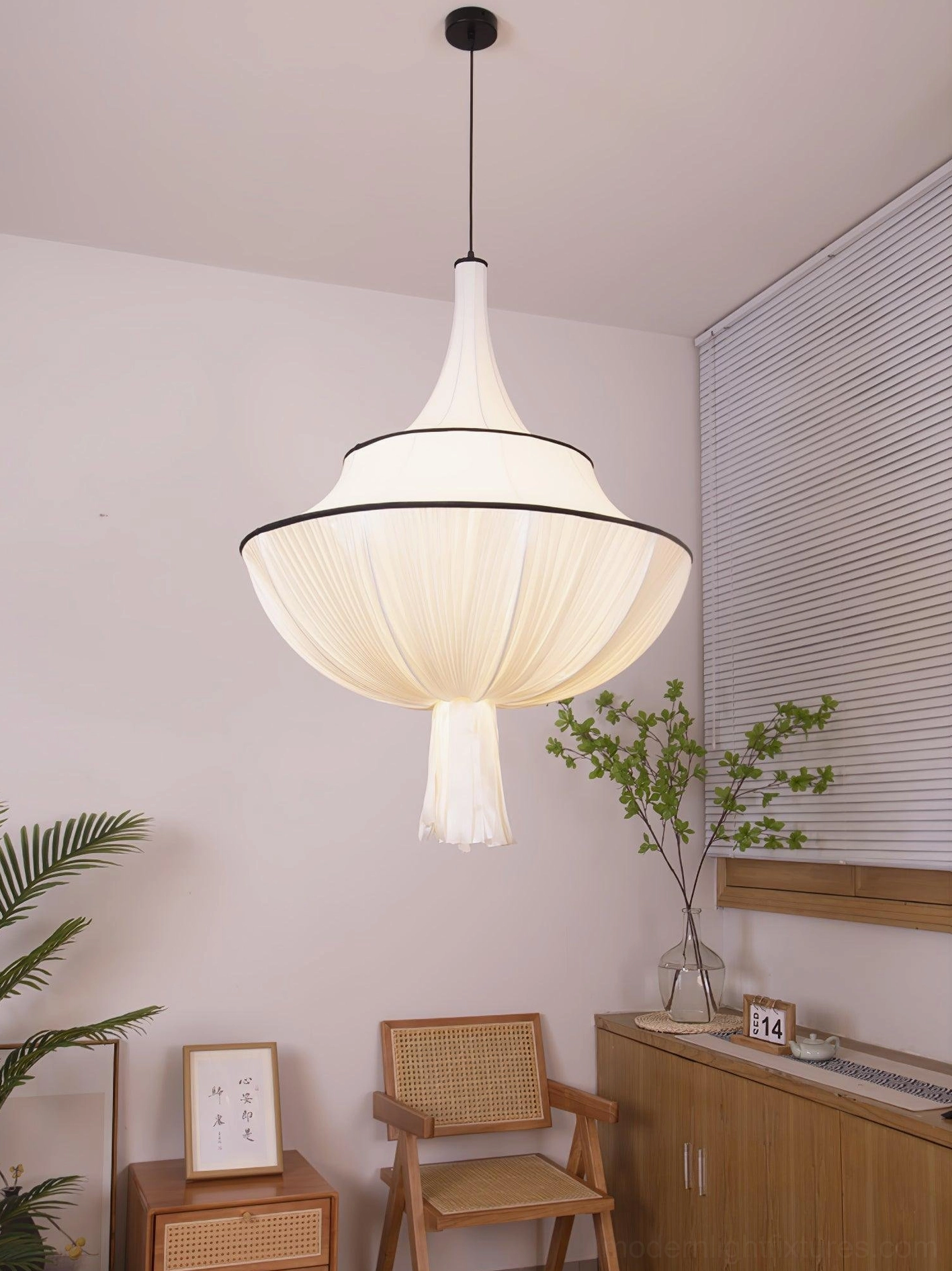 Meduse fabric pendant light with black trim and tassel, contemporary bohemian lighting fixture