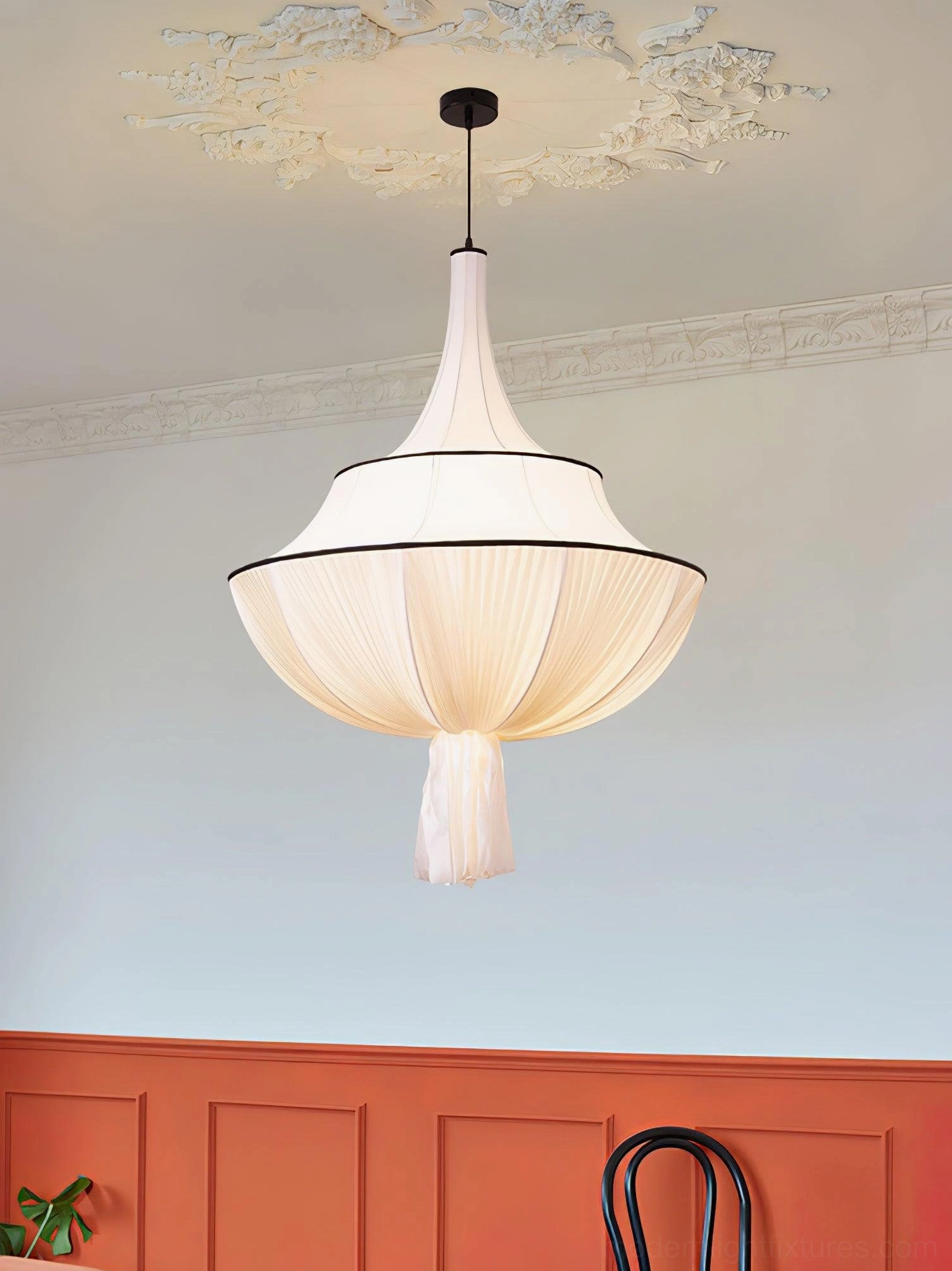 Meduse modern pendant light showing architectural pagoda silhouette and pleated fabric construction
