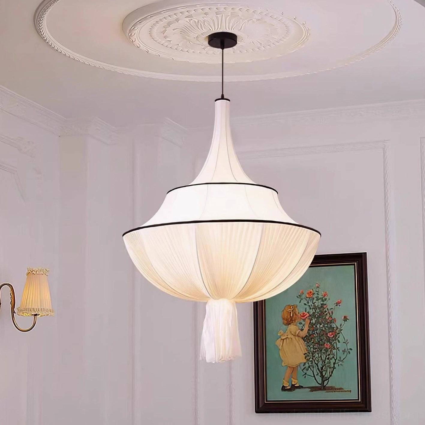 Modern fabric pendant lamp in French-style living room with plaster ceiling, warm bohemian ambient lighting