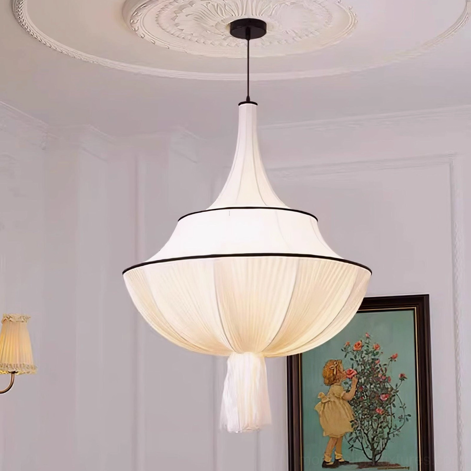 Contemporary fabric pendant lamp with organic tiered design, soft ambient home lighting