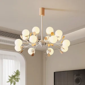 Multi-head Melanie branch chandelier suspended in Nordic-style living room with warm ambient lighting and wall AC unit