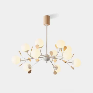 Melanie modern sputnik branch chandelier with frosted glass orbs and wood finish ceiling canopy, front studio view on white background