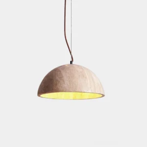 Melina travertine pendant light with warm beige natural stone dome shade, front view on white background