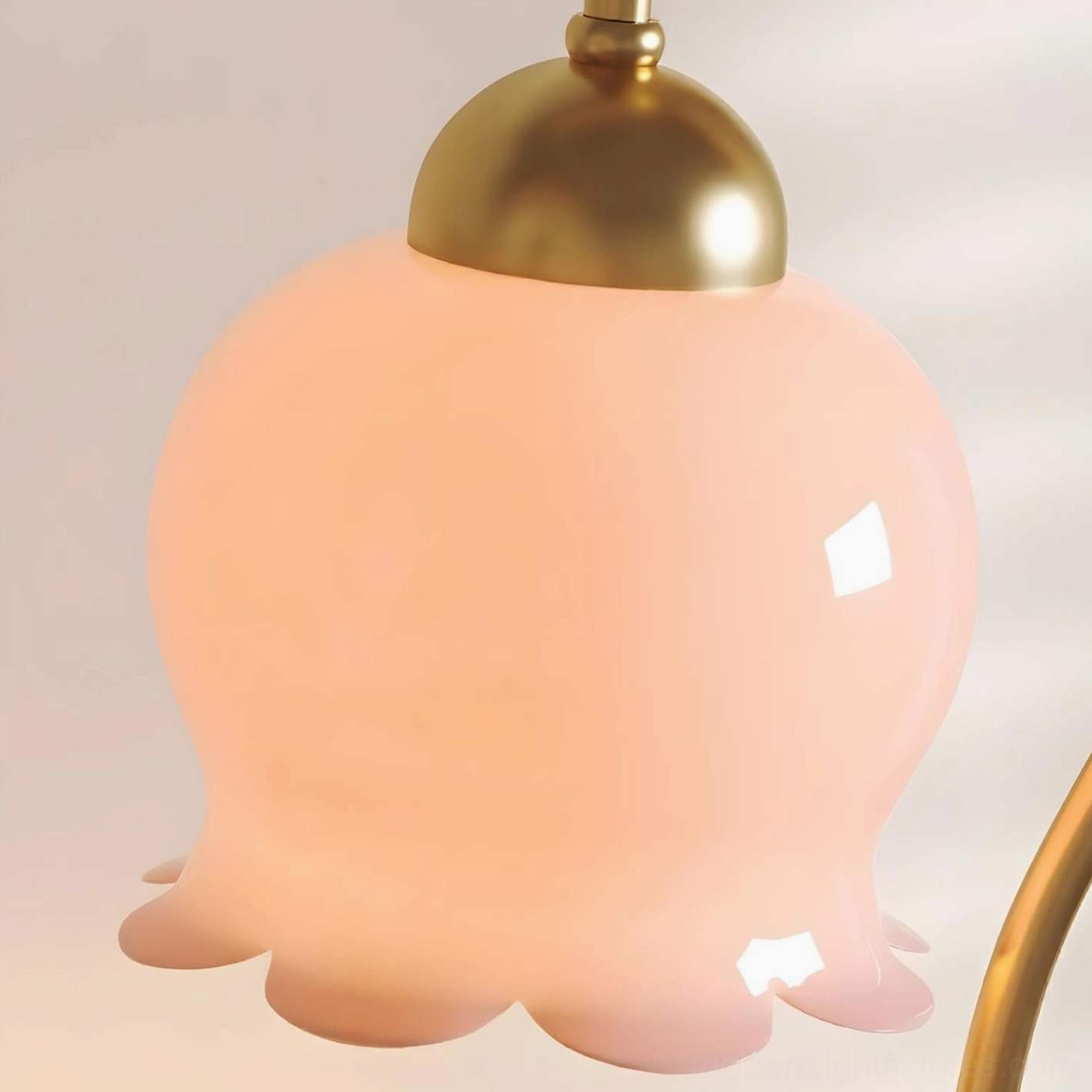Meliora candle warmer lamp close-up pink petal glass shade brass metal fixture detail